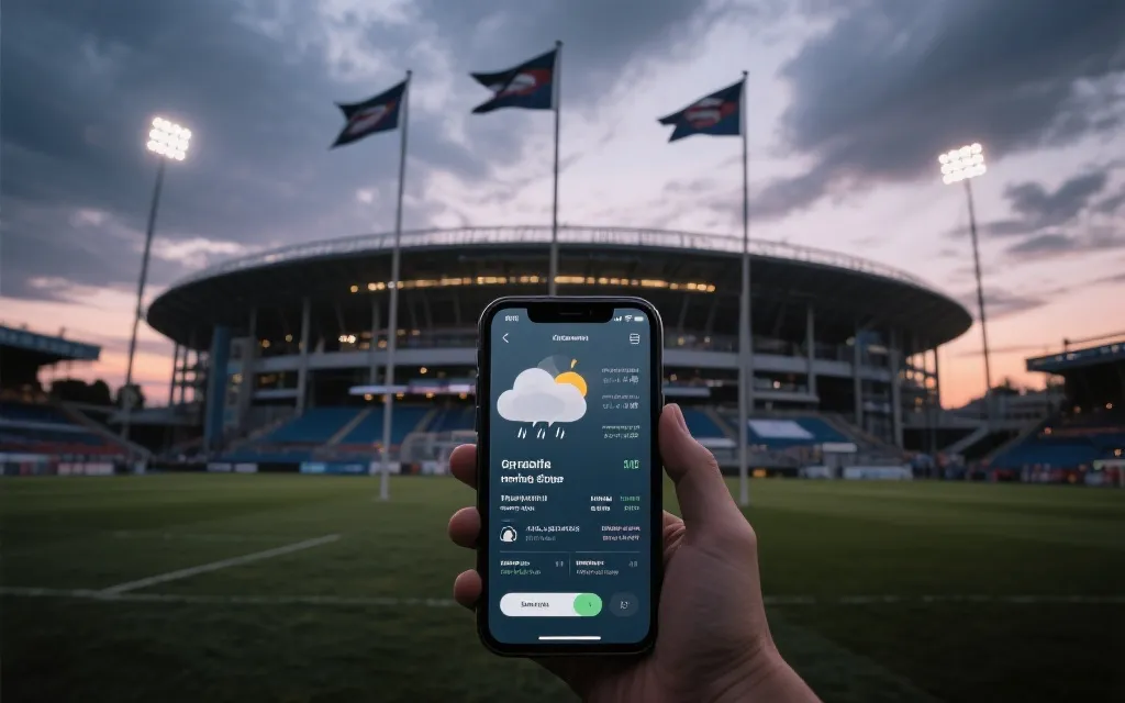 决赛夜体育场外的天气与草皮细节、球迷用手机查看信息做赛前判断