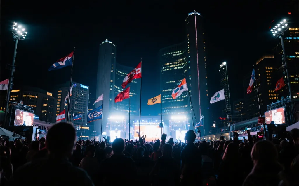 世界杯比赛日球迷在城市街头与球场外汇聚的夜景氛围