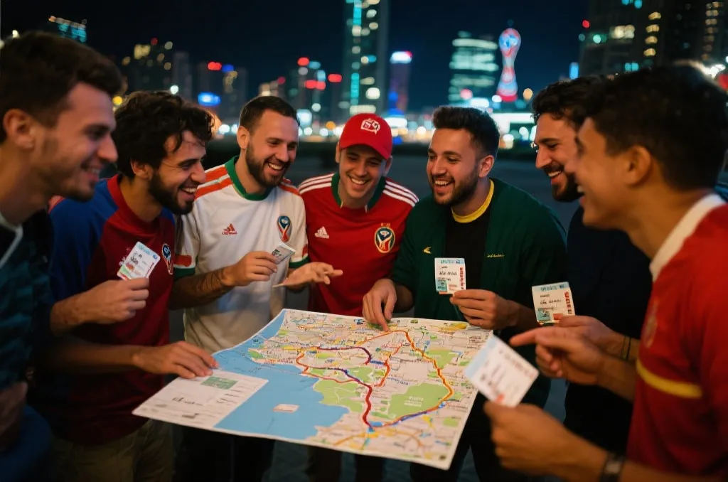 多位球迷在城市夜景中围绕行程地图和比赛门票讨论世界杯路线，氛围轻松热烈